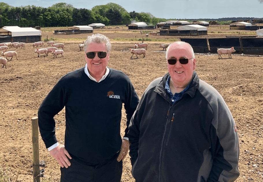 Jim Long of Genesus and Jimmy Butler of Blythburgh Free Range Pork at an outdoor free-range unit