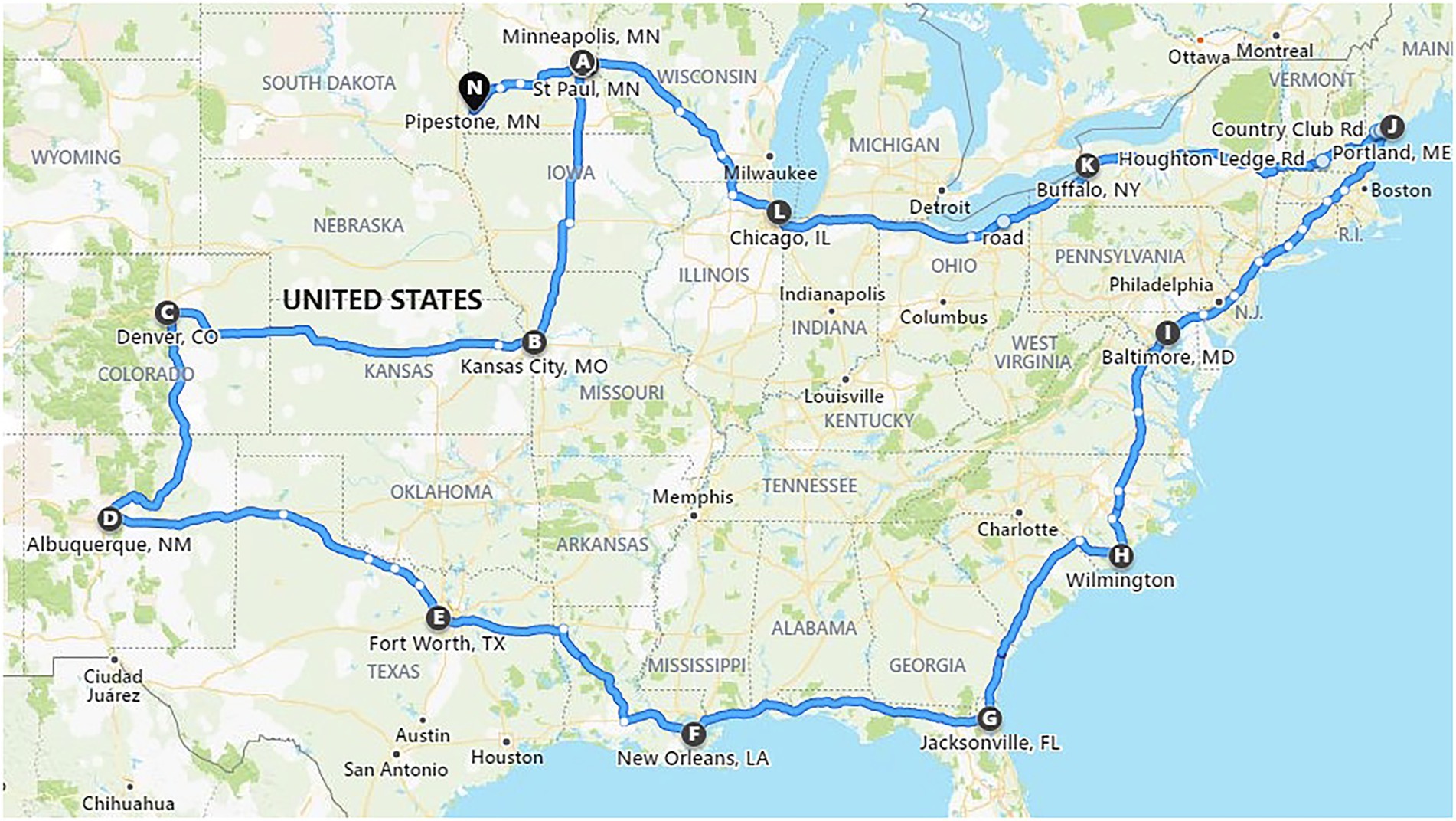 Map of the route traveled by a commercial truck carrying test feed ingredients inoculated with Emiliania huxleyi virus strain 86. Cities and towns indicated by letters of the alphabet show the journey start (A) and end points (N), with overnight stays labelled from B to M (adapted from Dee et al., 2021).