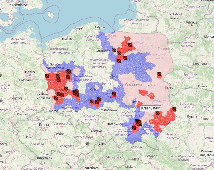 Purple = restricted zone I; Pink = restricted zone II; Red = restricted zone III; black circles with slash through = cases in pigs