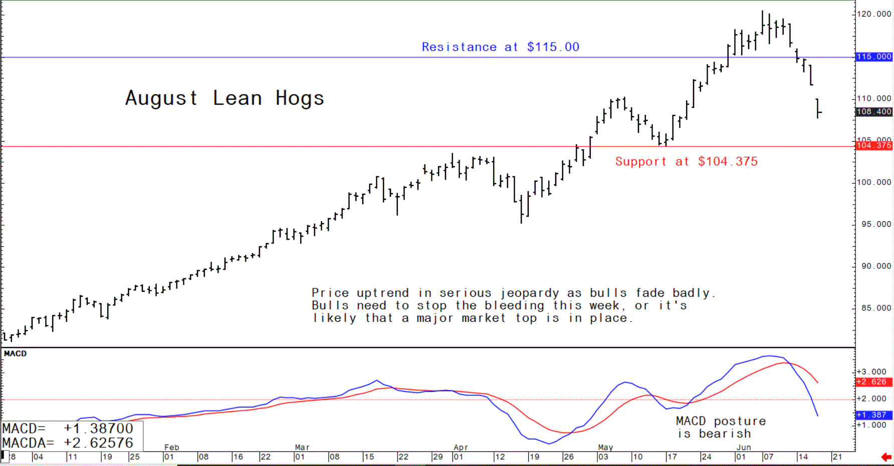 Chart showing the trading trajectory of US lean hog futures