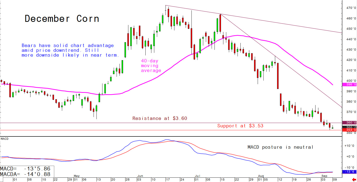 Bears have solid chart advantage amid price downtrend. Still more downside likely in near term