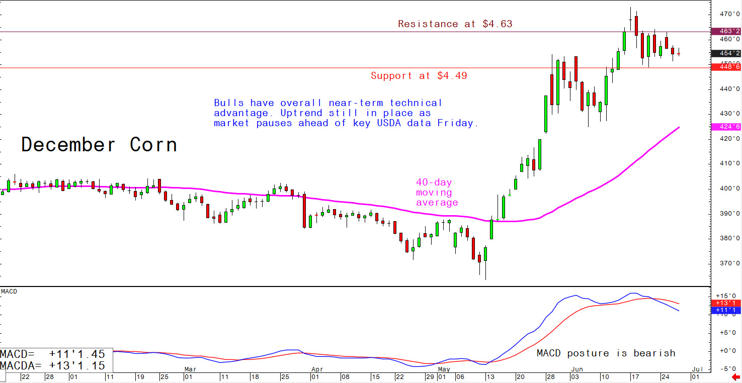 Bulls have overall near-term technical advantage; uptrend still in place as market pasues ahead of key USDA data release on 28 June 2019