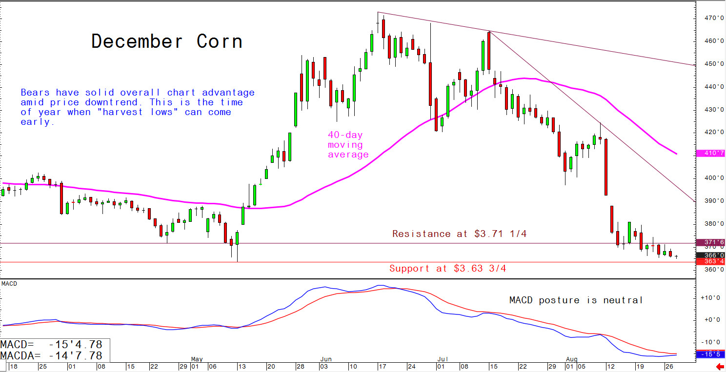 Bears have solid overall chart advantage amid price downtrend; this is the time of year when "harvest lows" can come early