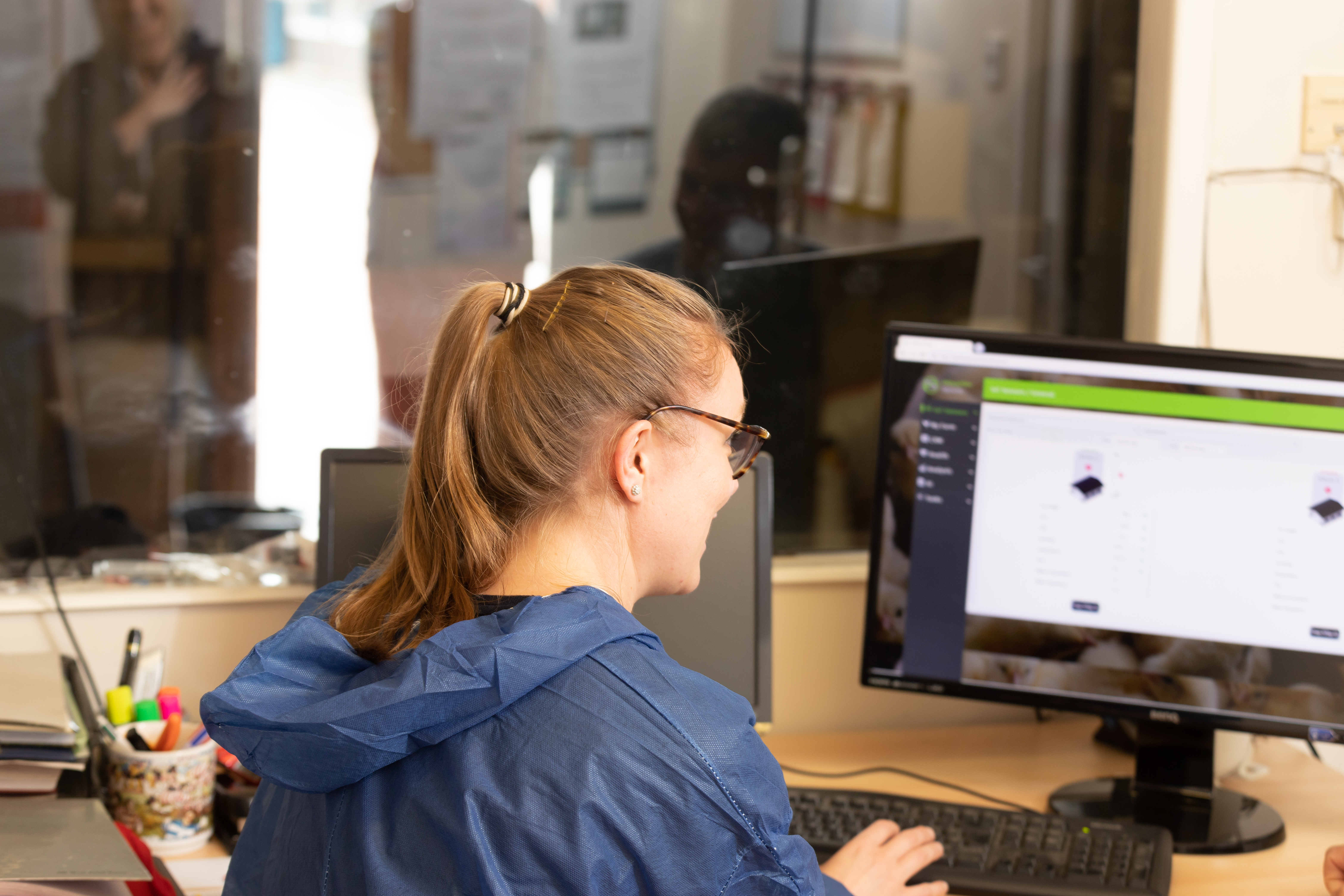 a woman works at a computer