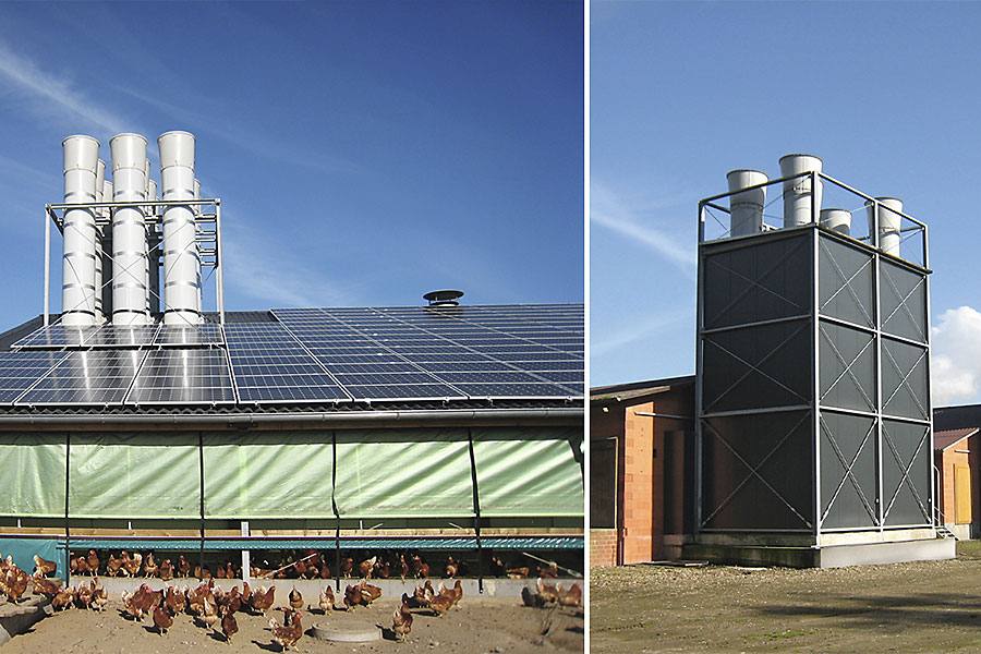 Figure 2: Central exhaust air extraction through chimneys (on the left) and through an exhaust air tower