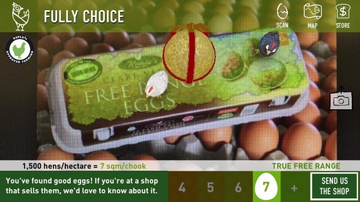 an egg carton viewed through an augmented reality app shows information about where the eggs came from and how well the hens were treated
