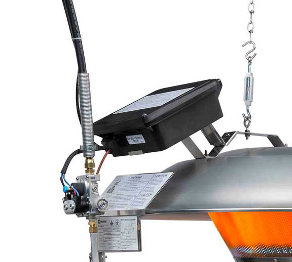 The GRO40 brooder series are constructed of corrosion resistant materials to help extend service life in modern poultry house environments. DSI (Direct Spark Ignition) dual fuel LP/NG model (shown) includes a moisture resistant enclosure to protect the control module.