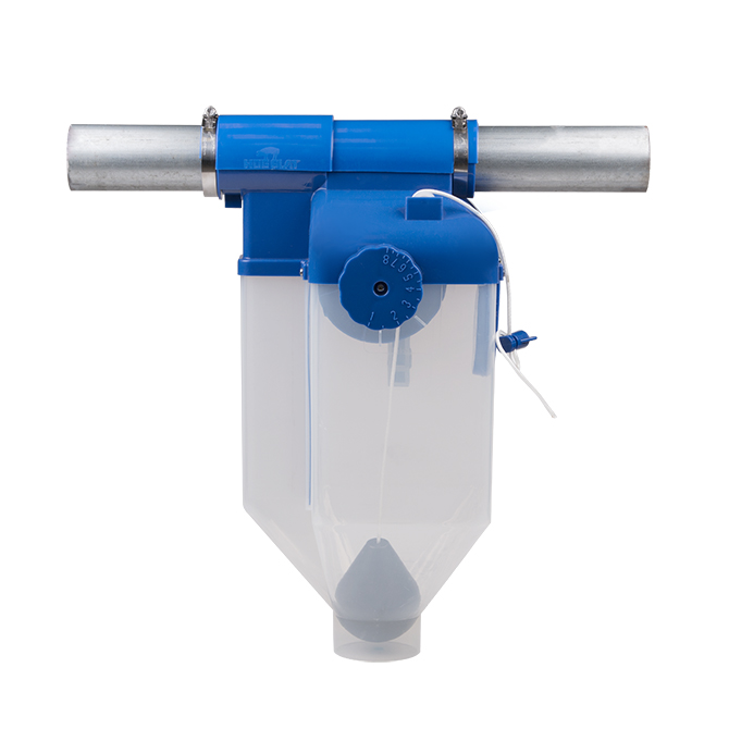 The GrowerSELECT Center Drop sow feeder hangs straight directly under the feeder and is quickly adjusted by a side mounted dial.